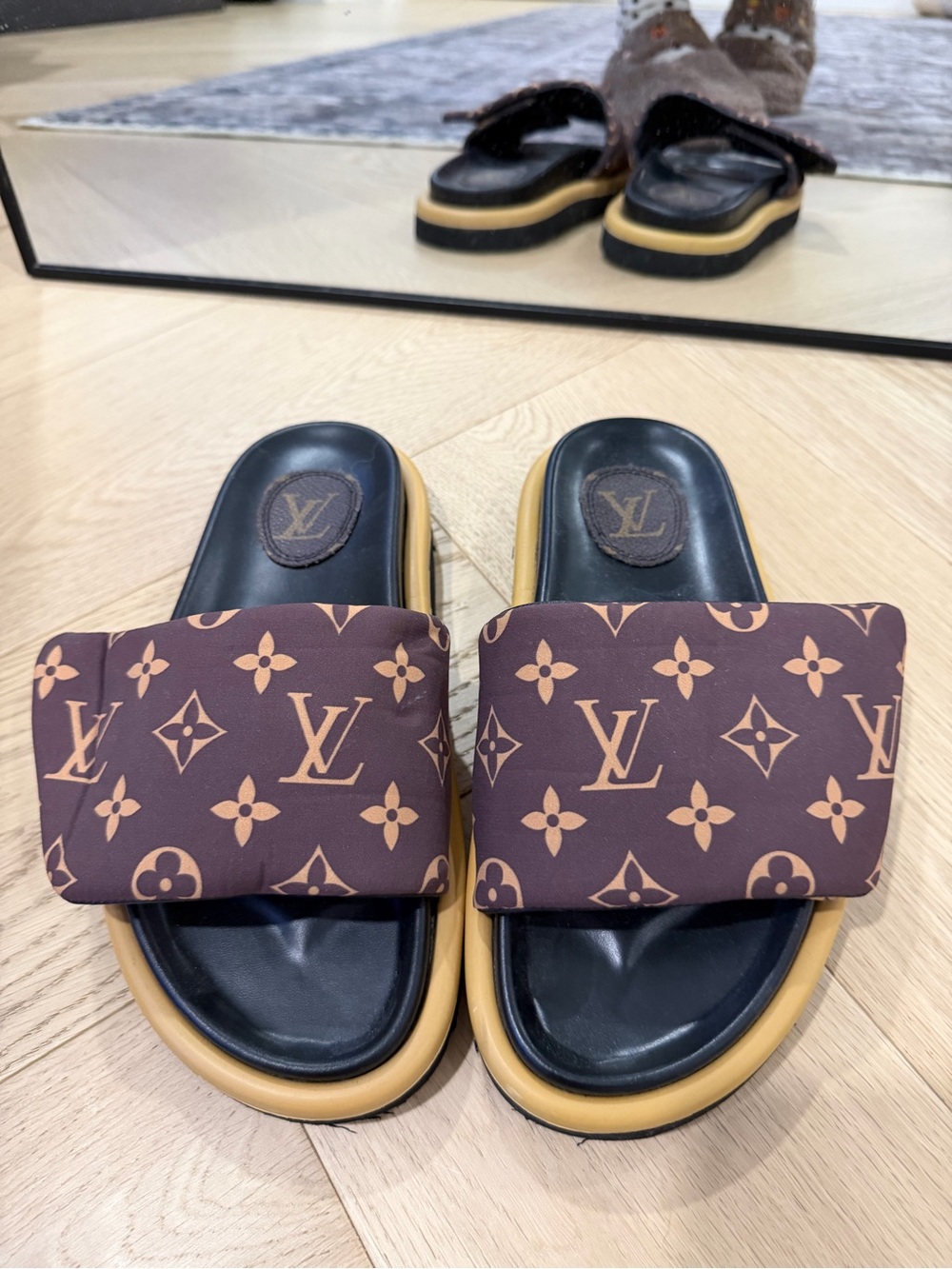 Designer Inspired Brown Monogram Padded Slide Sandals with Black Footbed